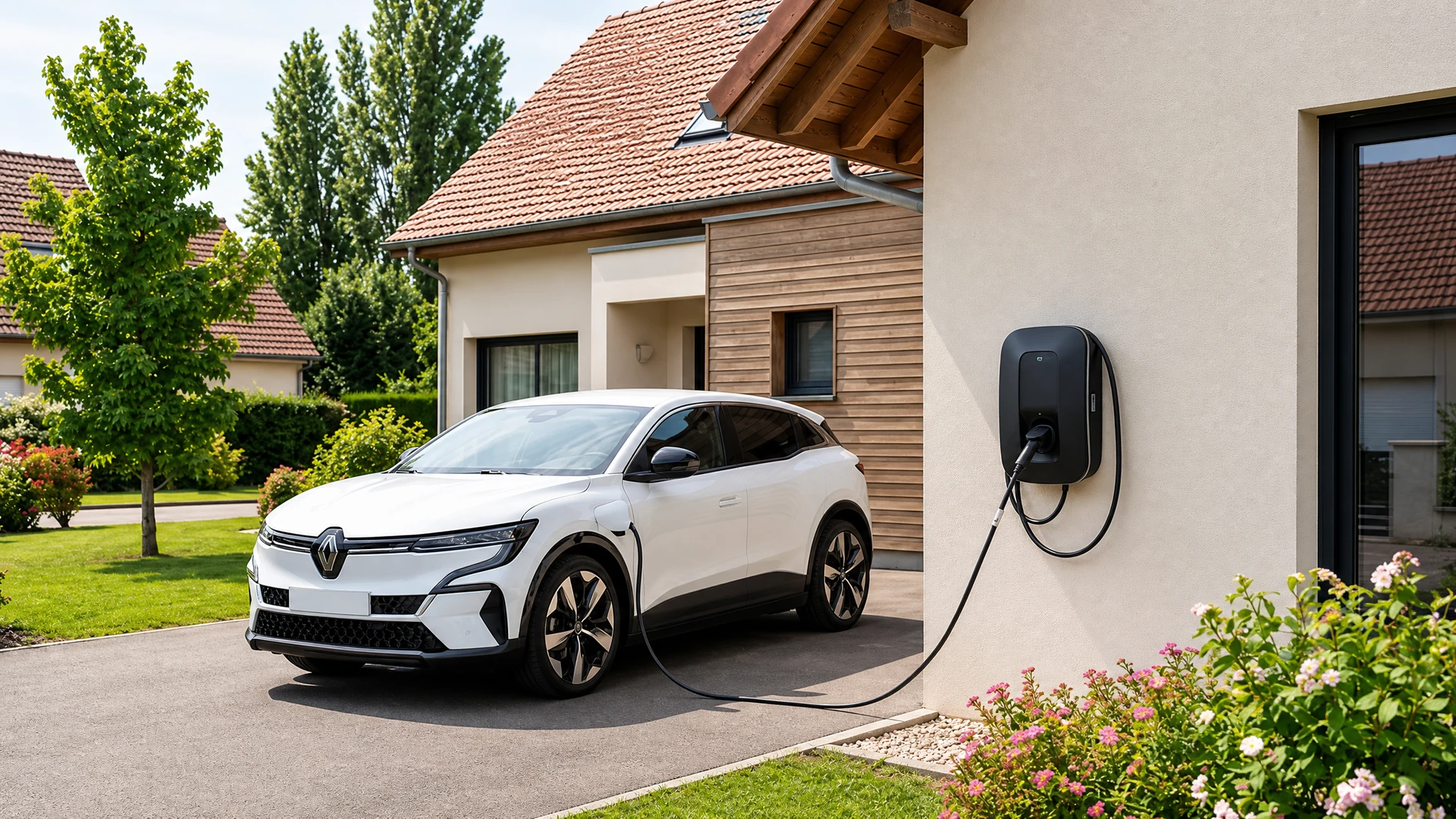 Voiture électrique reliée à une borne de recharge