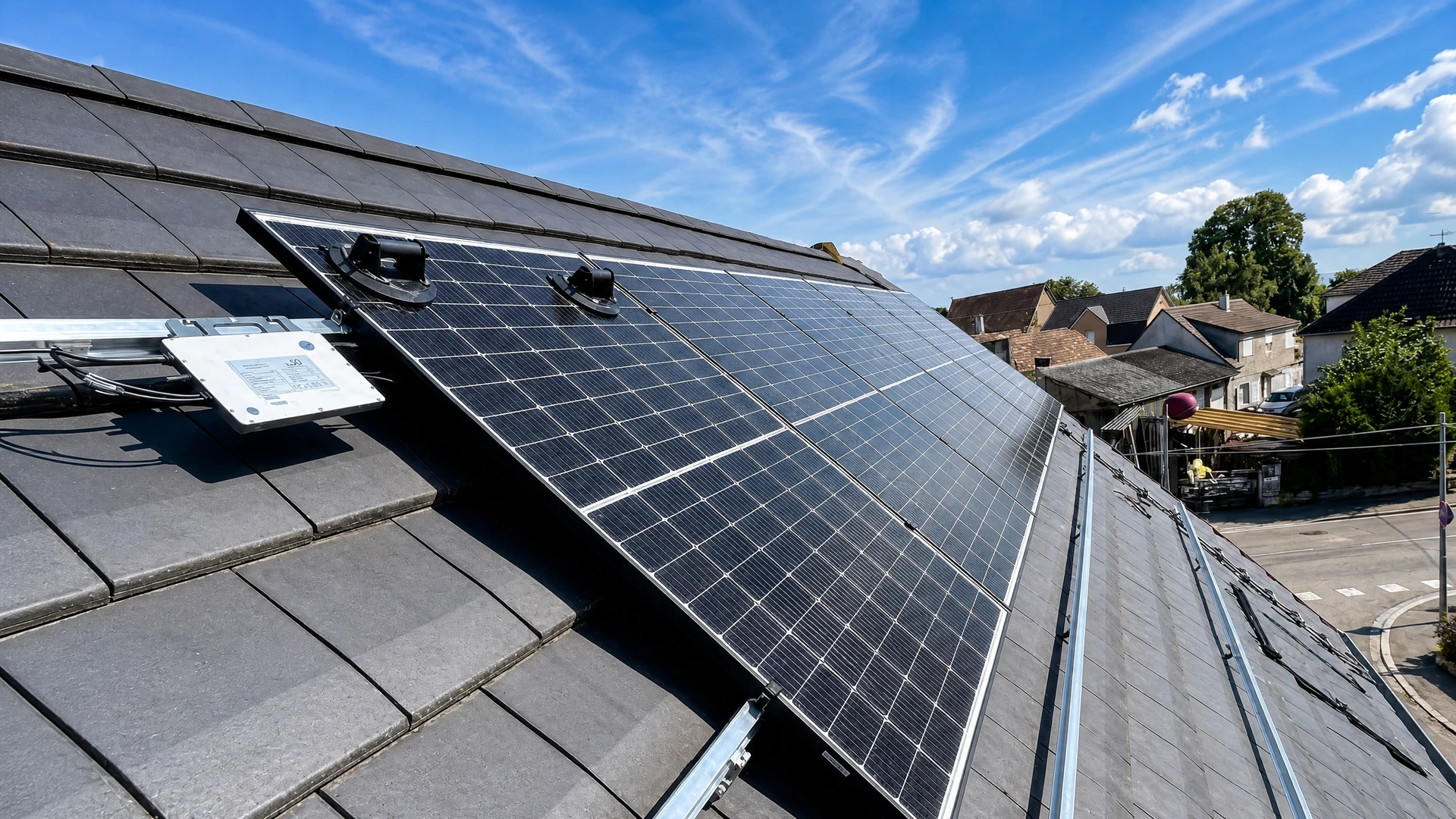 Maison résidentielle moderne avec installation de panneaux solaires photovoltaïques sur toiture