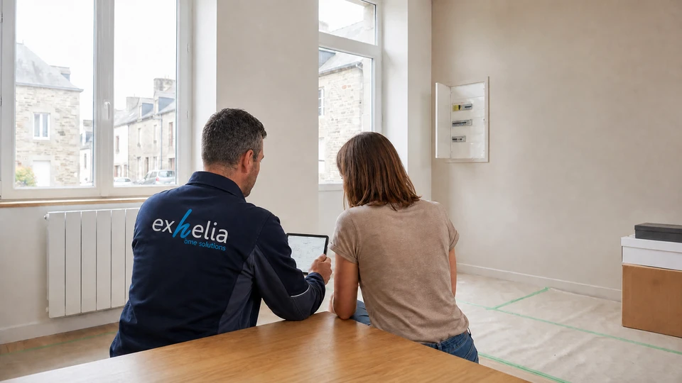 Scène d'intérieur de bureau d'études avec architecte ou ingénieur travaillant sur plans techniques