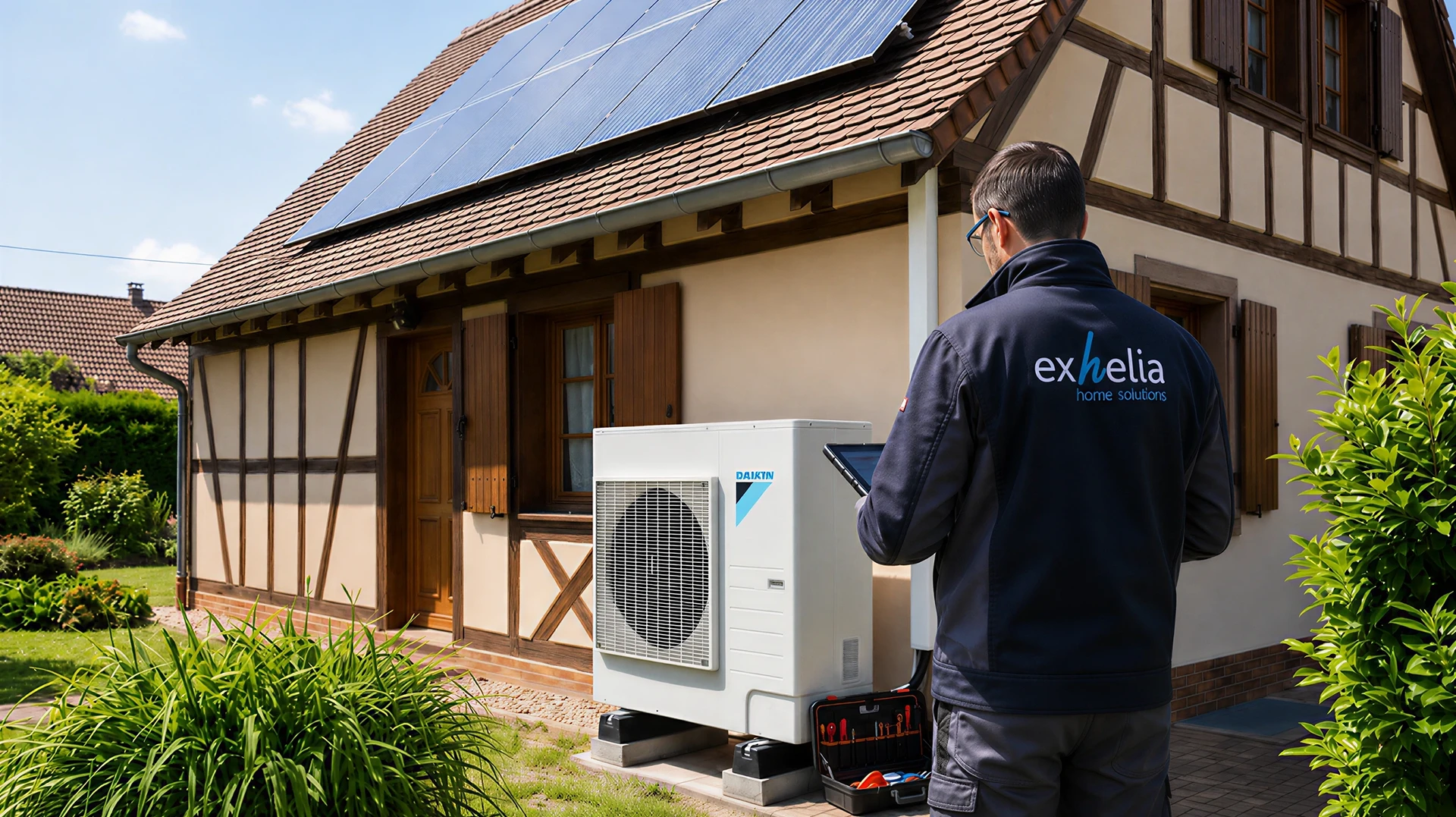 Intérieur d'une maison en rénovation énergétique : un technicien en équipement professionnel installant une unité intérieure de pompe à chaleur air-air sur un mur blanc d'une pièce à vivre lumineuse. L'image montre clairement le professionnel en action effectuant l'installation, avec la clarté et la propreté d'un chantier résidentiel bien organisé. Ambiance professionnelle et moderne, éclairage naturel abondant, démontrant l'expertise technique dans le domaine de la rénovation énergétique.